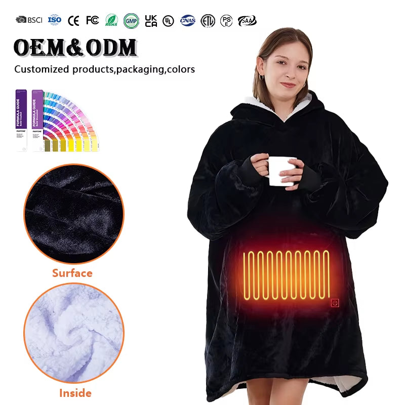 USB Electric Wearable Blanket with Sleeves 3 Heat Levels Flannel Sherpa Hoodie Blanket Portable Heated Blanket for Winter Gift