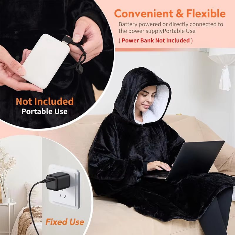 USB Electric Wearable Blanket with Sleeves 3 Heat Levels Flannel Sherpa Hoodie Blanket Portable Heated Blanket for Winter Gift