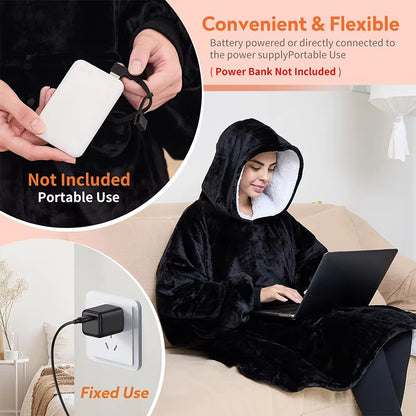 USB Electric Wearable Blanket with Sleeves 3 Heat Levels Flannel Sherpa Hoodie Blanket Portable Heated Blanket for Winter Gift