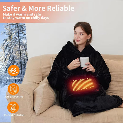 USB Electric Wearable Blanket with Sleeves 3 Heat Levels Flannel Sherpa Hoodie Blanket Portable Heated Blanket for Winter Gift