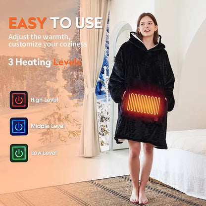 USB Electric Wearable Blanket with Sleeves 3 Heat Levels Flannel Sherpa Hoodie Blanket Portable Heated Blanket for Winter Gift